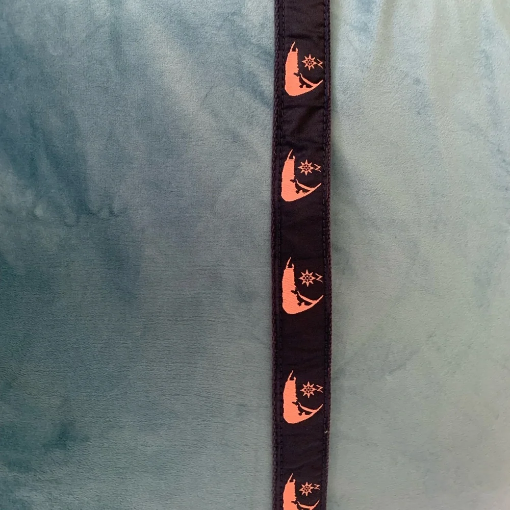 Preston boys navy cotton belt with brown leather. Embroidered boats. 24” long